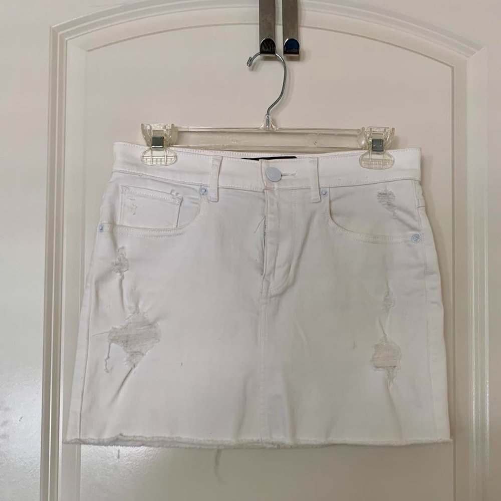 Express Mid Rise Ripped Straight Denim Mini Skirt
